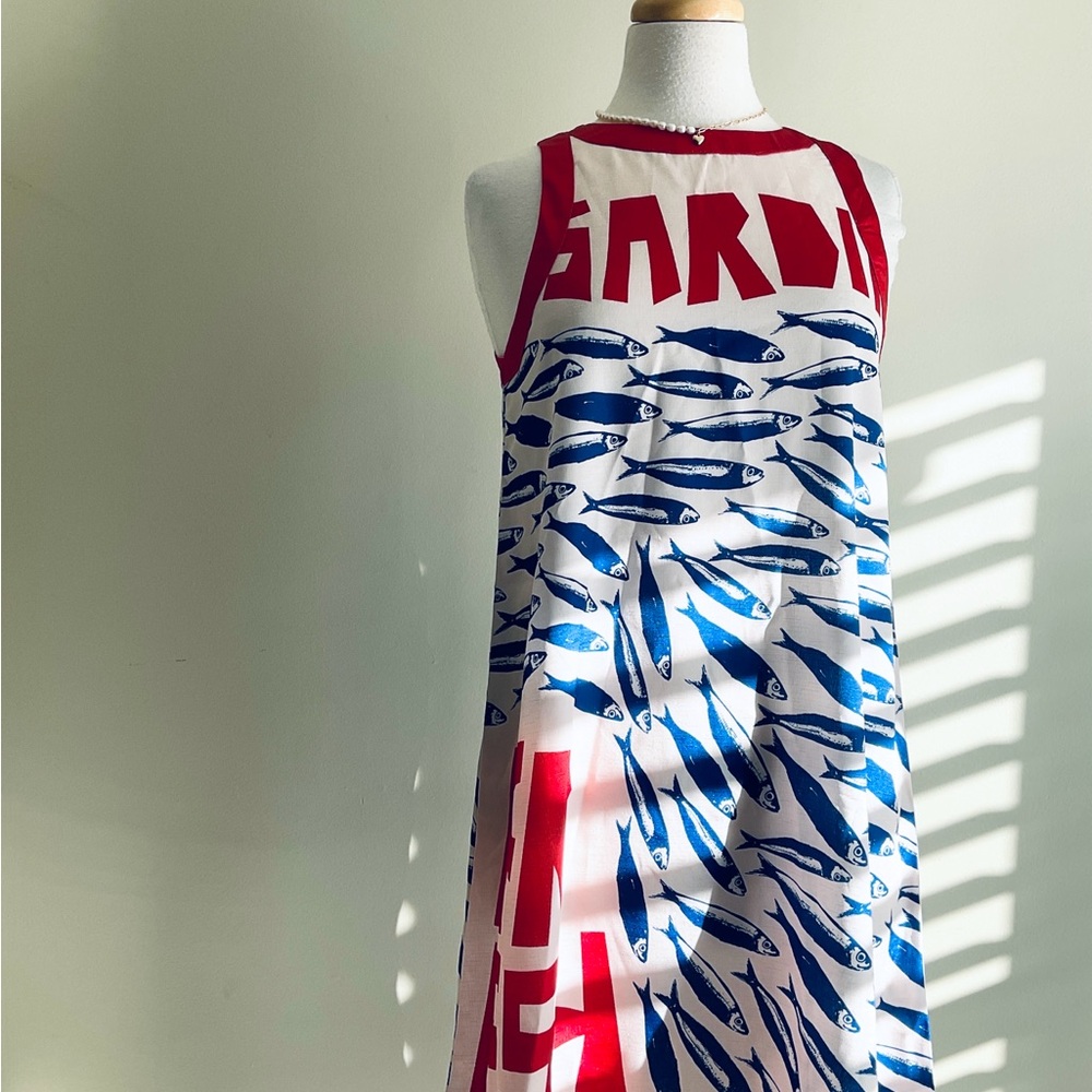 Red, White & Blue Fish-Print Sleeveless Dress
